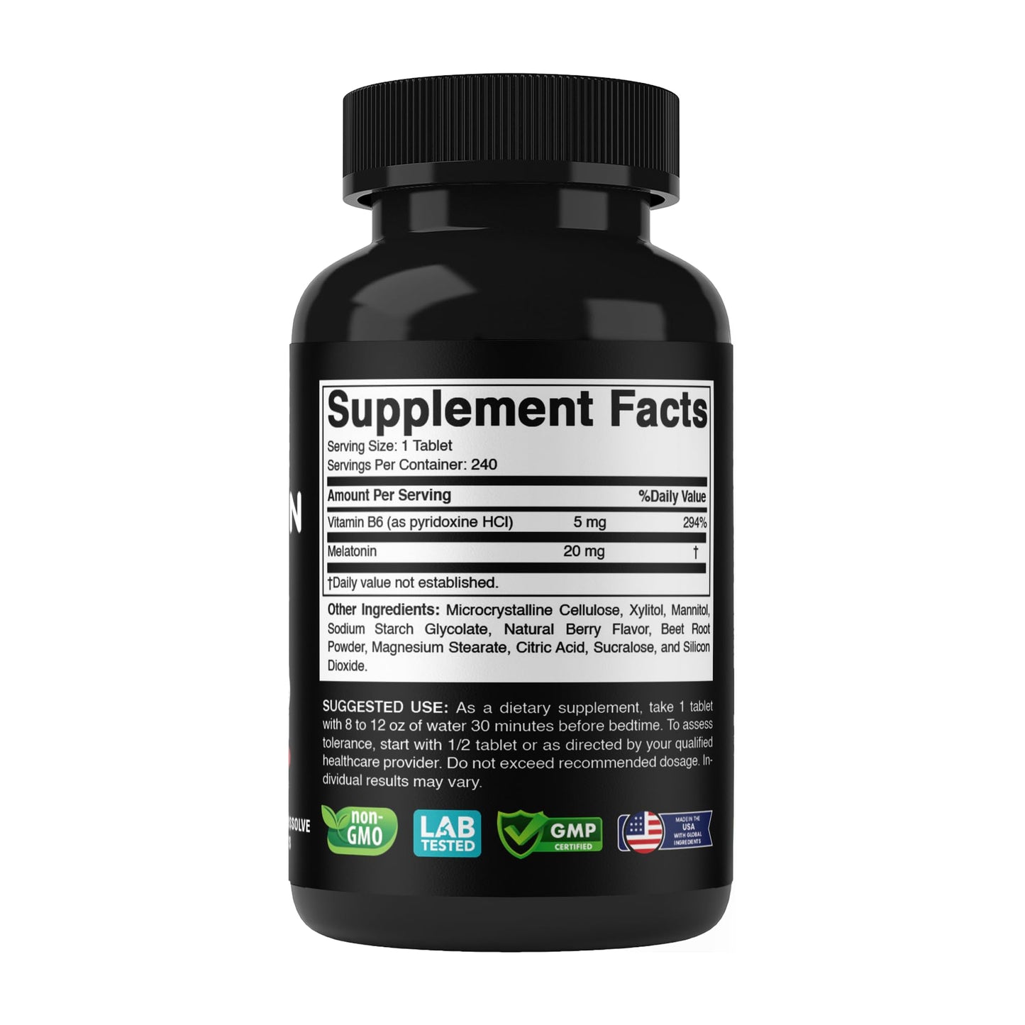 Vitabod Melatonin 20 mg Fast Dissolve Tablets with Vitamin B6, 240 Ct | Natural Berry Flavor, Sleep Support*, Non-GMO, Gluten Free, Made in USA