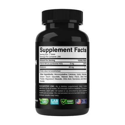 Vitabod Melatonin 20 mg Fast Dissolve Tablets with Vitamin B6, 240 Ct | Natural Berry Flavor, Sleep Support*, Non-GMO, Gluten Free, Made in USA