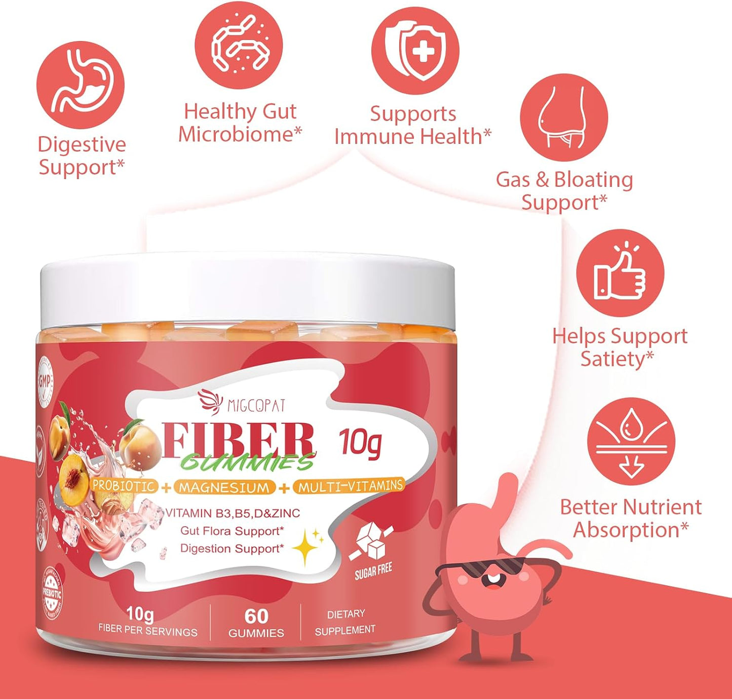 Migcopat 10G Fiber Gummies for Adults, with Probiotics & ACV, 30 Billion CFU, Prebiotic Inulin & Chicory Root, Vitamins C, D3, B3, B5, Magnesium, Zinc – Digestive & Gut Health, No Sugar, 60 Count