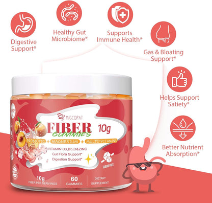 Migcopat 10G Fiber Gummies for Adults, with Probiotics & ACV, 30 Billion CFU, Prebiotic Inulin & Chicory Root, Vitamins C, D3, B3, B5, Magnesium, Zinc – Digestive & Gut Health, No Sugar, 60 Count