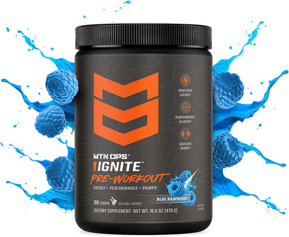 MTN OPS Ignite Pre-Workout, Blue Raspberry, Customizable Gym Energy
