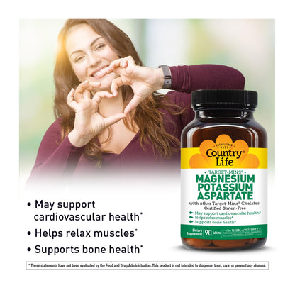 Country Life Target-Mins Magnesium Potassium Aspartate 600 mg/198 mg, Heart, Muscle & Bone Support, Vegan, Gluten-Free, Kosher, 180 Tablets