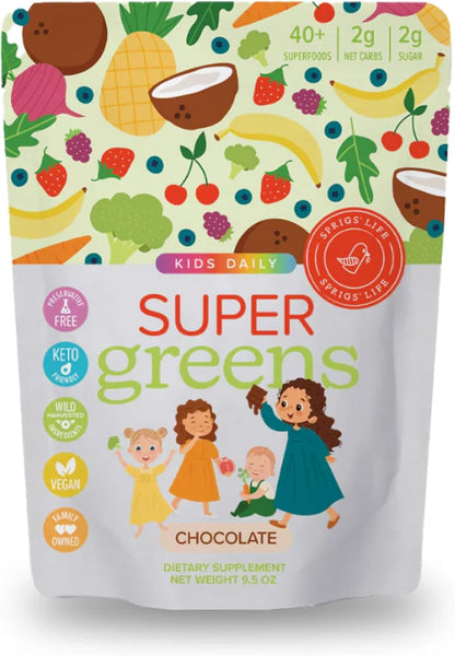 SPRIGS Kids Daily Super Greens Chocolate Powder with 48 Superfoods Probiotics Fiber Enzymes Plant Based Drink Mix for Children Supporting Digestion Immune Health Energy Growth &Daily Nutrition, 9.5 Oz