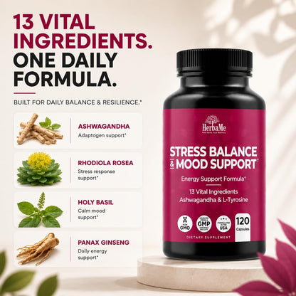 HerbaMe Stress & Mood Support Supplement with Ashwagandha & L-Tyrosine, Energy & Focus Formula, Helps Maintain Balanced Stress Response, 120 Capsules