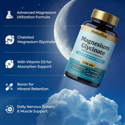 Magnesium Glycinate (Chelated) 1,750 mg – Supplement to Support Stress | Stress Relief, Sleep, Muscle Relaxation & Recovery, With Boron & Vitamin D3, High Absorption, For Women & Men, 90 Capsules