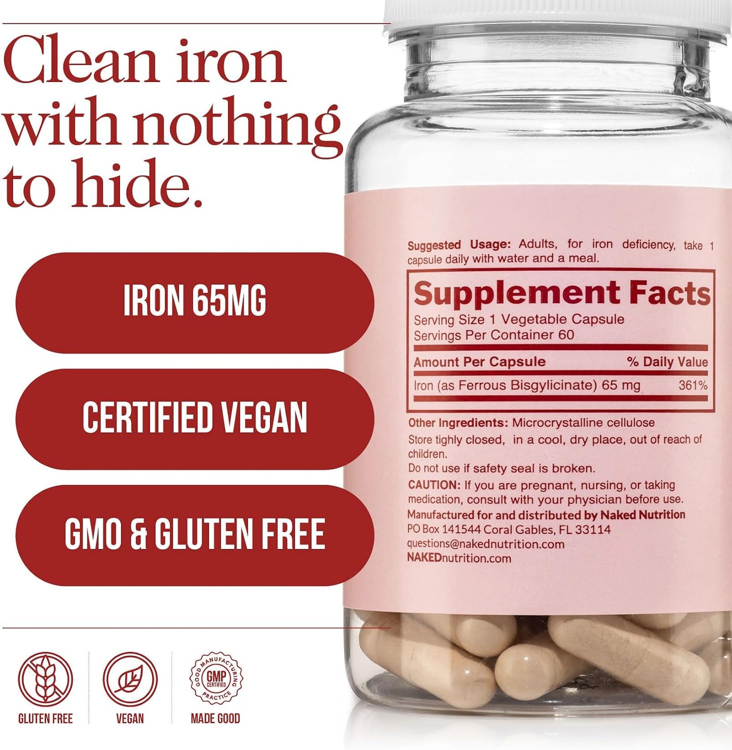 Naked Iron + Vitamin C Bundle – High-Potency Supplement for Deficiency, Energy Support, Red Blood Cell & Daily Antioxidant Immune Support – 65 mg Iron (60 Caps) + 500 mg Vitamin C (90 Caps)