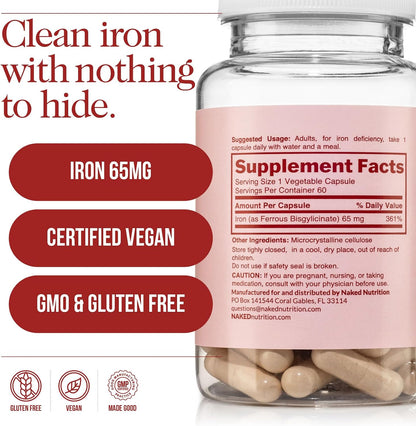 Naked Iron 65mg, 325mg Ferrous Bisglycinate - High Potency Iron Supplement for Iron Deficiency, Cellular Energy Support, Promotes Healthy Red Blood Cell Production, Non-GMO, Gluten-Free, 60 Capsules