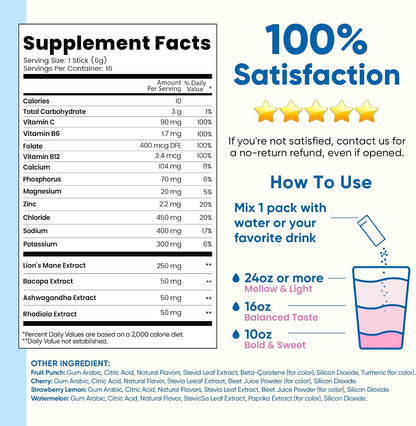 Venture Pal Sugar Free Hydration + Focus Electrolyte Packets, 16 Sticks | 7 Electrolytes + Vitamins, Magnesium, Lion's Mane & Ashwagandha, Boost Clarity & Energy, Electrolytes Powder, Vegan, Keto