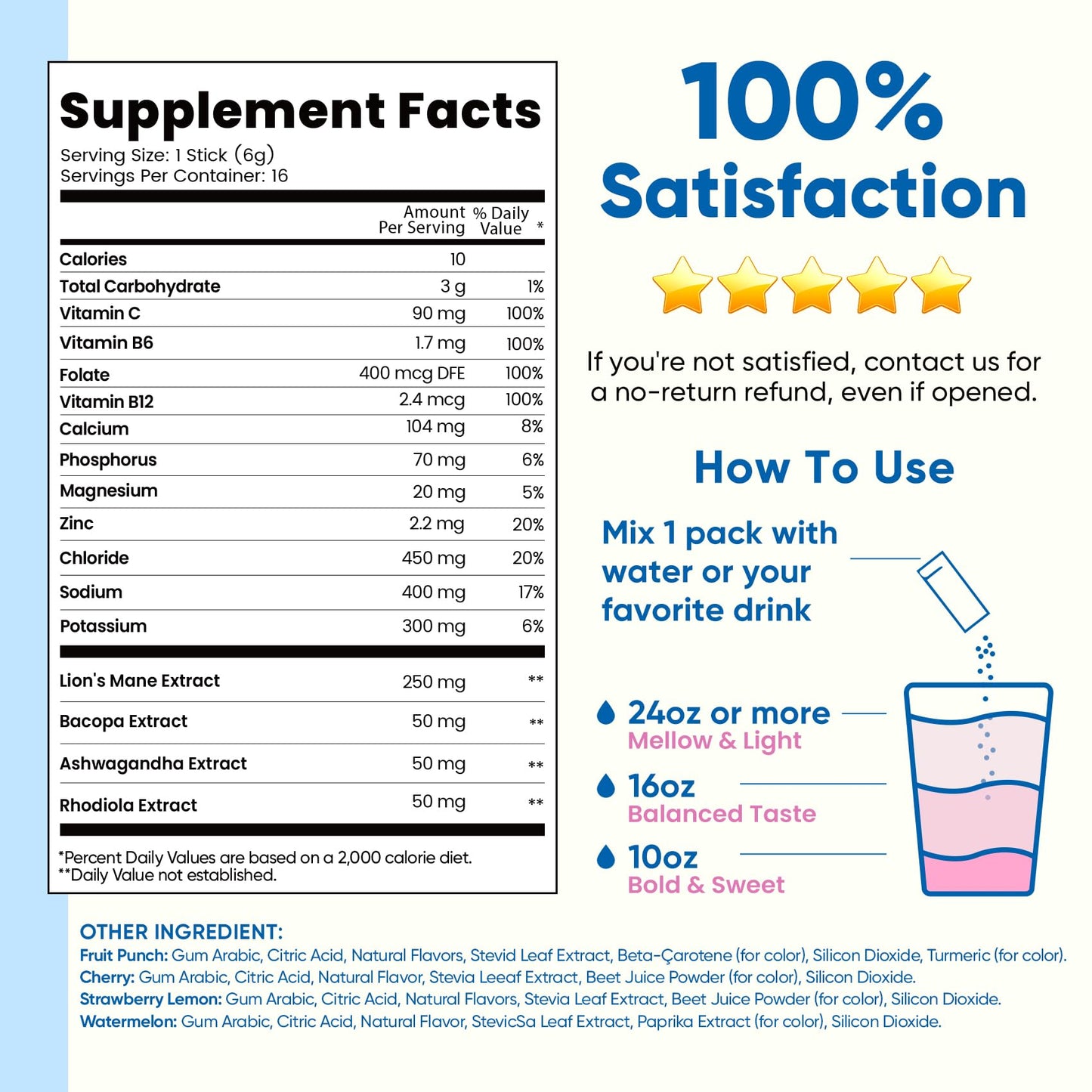 Venture Pal Sugar Free Hydration + Focus Electrolyte Packets, 16 Sticks | 7 Electrolytes + Vitamins, Magnesium, Lion's Mane & Ashwagandha, Boost Clarity & Energy, Electrolytes Powder, Vegan, Keto