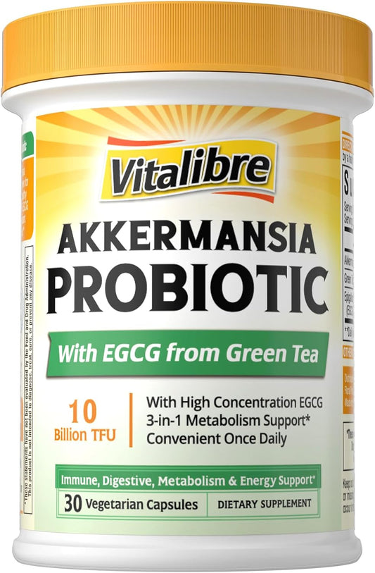 Vitalibre Akkermansia Probiotic 10 Billion TFU, with Concentrated EGCG from Green Tea Extract, GLP-1 Supplement for Gut Health, Metabolism Support & Sustain Energy Levels, 30 Vegan Capsules, No Gluten