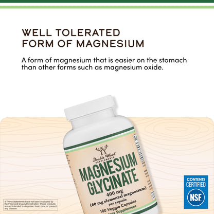 Magnesium Glycinate 400mg | 180 Capsules | Sleep, Muscle, & Heart Support | Vegan, Third Party Tested, Gluten Free, Non-GMO, by Double Wood Supplements