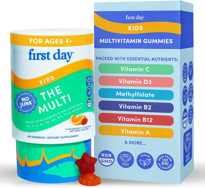 FIRST DAY Kids Multivitamin Gummies Age 4+, Strawberry & Orange - Kids Vitamins Multivitamin Gummy A C D3 K2 B1 B2 B6 B12 Folate, Immunity & Brain Function, Vegan - 30 Day Supply, Packaging May Vary