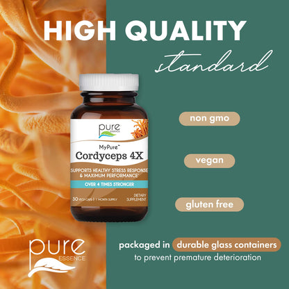 PURE ESSENCE LABS MyPure Cordyceps 4X Mushrooms - Concentrated Cordyceps Mushroom Powder Supplements for Immune System, Stress Response, Physical & Mental Performance - 2 Months Supply