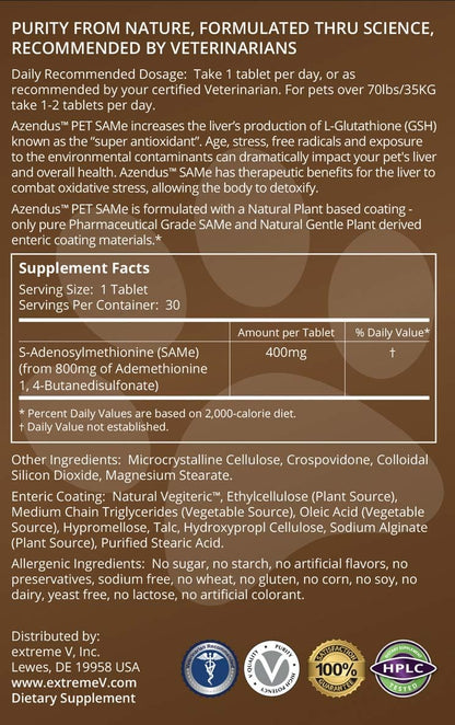 Azendus Natural Pet SAM-e 400mg, 30 Count, Same Butanedisulfonate Fiber Enteric Coated Tablets.