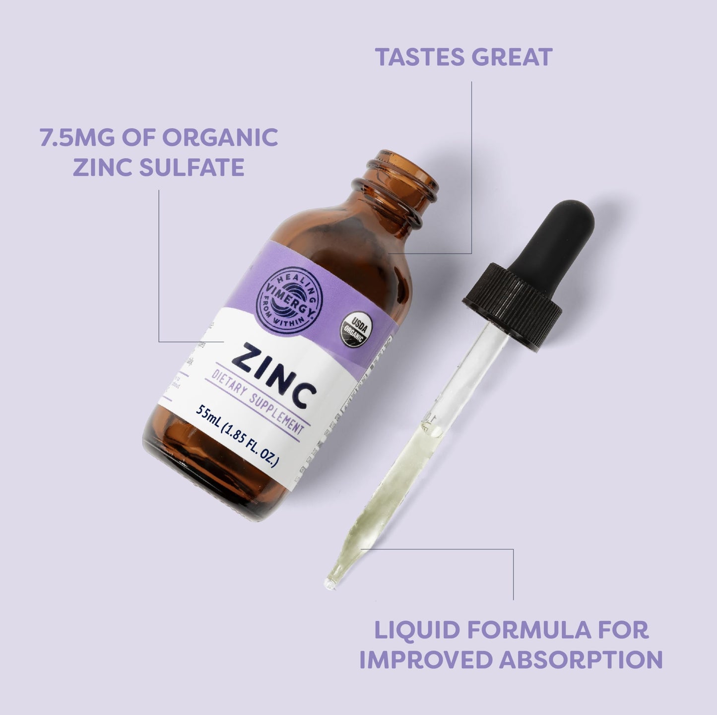 VIMERGY USDA Organic Zinc Supplements for Women & Men (7.5mg Liquid Zinc Per Serving) Fast-Absorbing Immune Support, Promotes Healthy Bones & Skin, Vegan, Up to 57 Servings (115 mL)