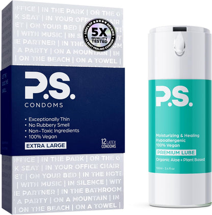 PS Thin Extra Large Latex Condoms & Personal Lubricant Bundle - 12 Pack Lubricated, Odorless Latex Condoms - 100mL Bottle Organic Aloe & Plant Based Lube - All Natural, pH Balanced, & 100% Vegan