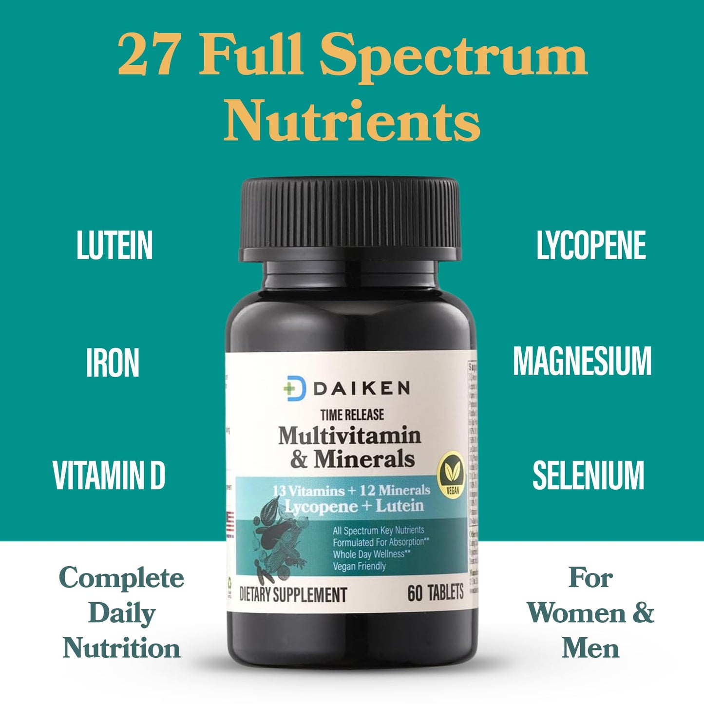 DAIKEN Mini Multivitamin, 60 Tablets, Enhanced with Lutein, Lycopene & Folic Acid, Time Released Multivitamin for Women & Men, Vegan & Easy to Swallow (Pack of 2)