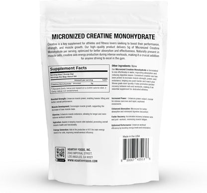 HEARTHY FOODS Creatine Monohydrate Micronized Powder 500G - 100 Servings, 5000mg Per Serving (5g) - for Men & Women Muscle Growth & Recovery - UNFLAVORED