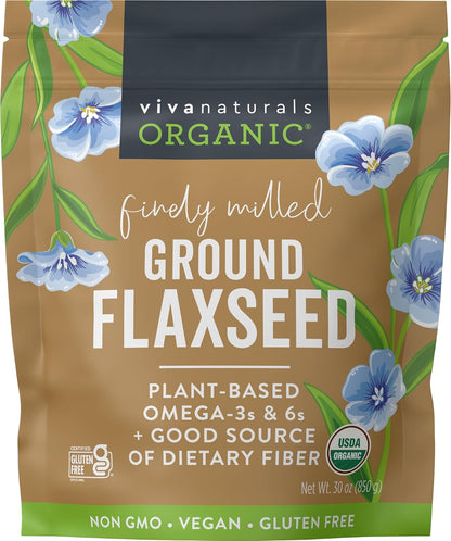 Viva Naturals Organic Ground Flaxseed - Premium Quality Plant-Based Protein and Vegan Omega 3 with Fiber, Perfect for Smoothies, Finely Milled Flaxseed 30 oz (850 g)