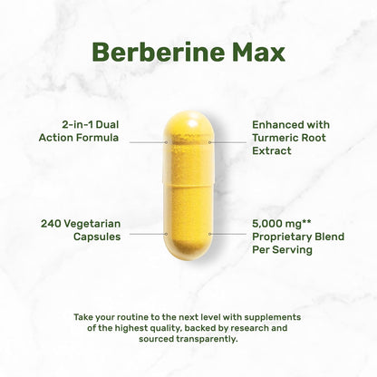 DEAL SUPPLEMENT Berberine Max Supplement with Turmeric, 5000 mg** Per Serving, 240 Vegetarian Capsules | Berberine HCl with Turmeric Root Extract | Non-GMO