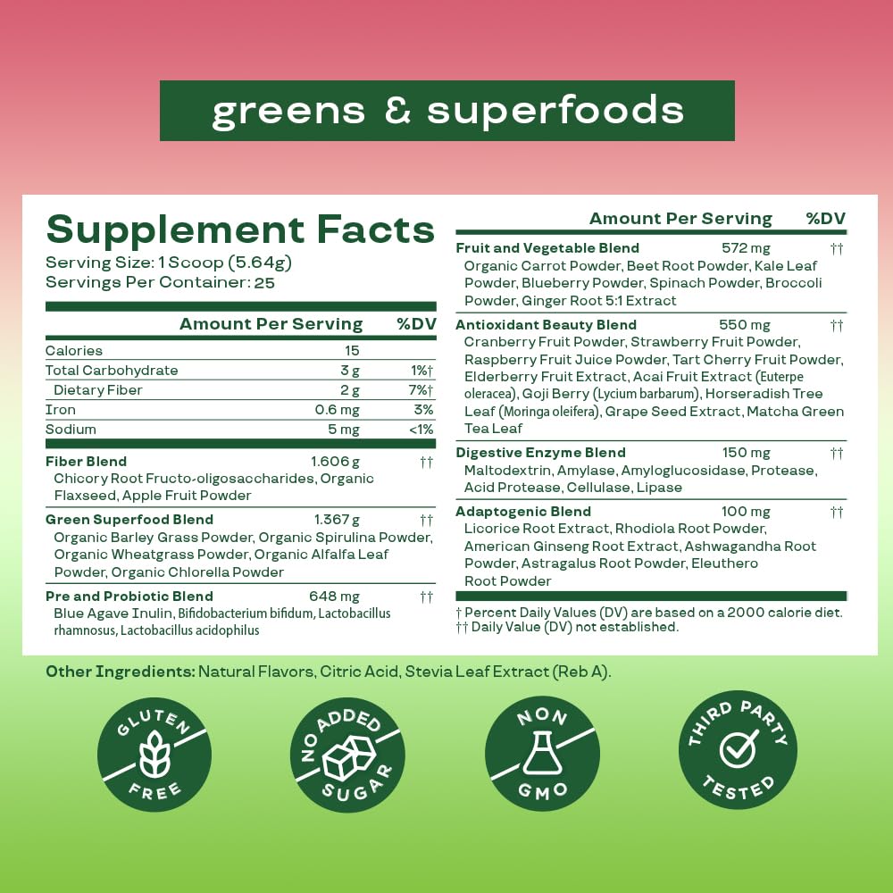 Bloom Nutrition Superfood Greens Powder, Berry, 30 Servings | Digestive Enzymes with Probiotics and Prebiotics, Gut Health, Bloating Relief for Women, Chlorella, Green Juice Mix