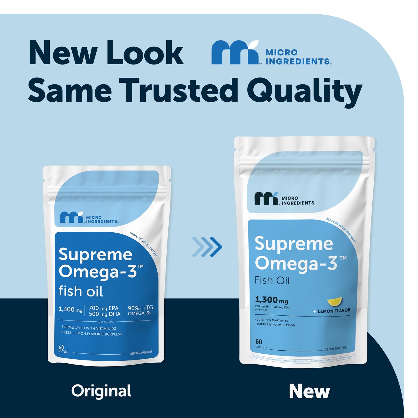 Micro Ingredients Supreme Omega-3 Fish Oil w/Ultra High EPA & DHA, Burpless Softgels | rTG Omega-3 with Vitamin D3 | Wild-Caught Cold Deep-Sea Fish | Lemon Flavor, Easy to Swallow, 60ct