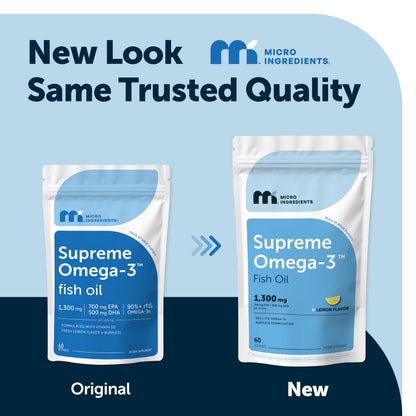 Micro Ingredients Supreme Omega-3 Fish Oil w/Ultra High EPA & DHA, Burpless Softgels | rTG Omega-3 with Vitamin D3 | Wild-Caught Cold Deep-Sea Fish | Lemon Flavor, Easy to Swallow, 60ct