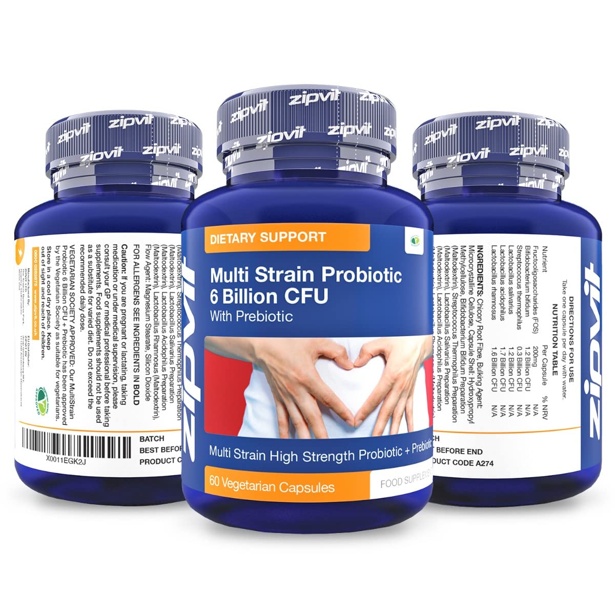 Probiotic 6 Billion Multi-Strain Live Bio Cultures Complex with Prebiotic, 60 Vegetarian