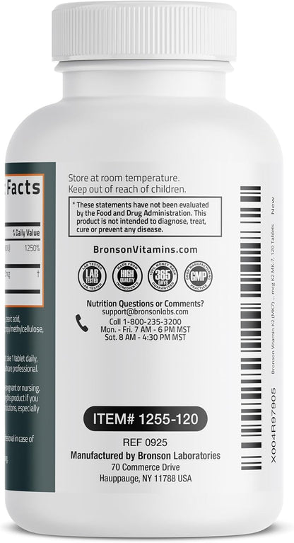 Bronson Vitamin K2 (MK7) with D3 Supplement Extra Strength 2 in 1 Support, 10,000 IU Vitamin D3 & 120 mcg K2 MK-7, 120 Tablets