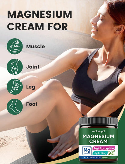 Venture Pal Topical Magnesium Cream, Highly Concentrated Magnesium Lotion | Fast-Absorbing Magnesium Moisturizing Cream with Coconut Oil, Shea Butter & Hyaluronic Acid; Suitable for Kids