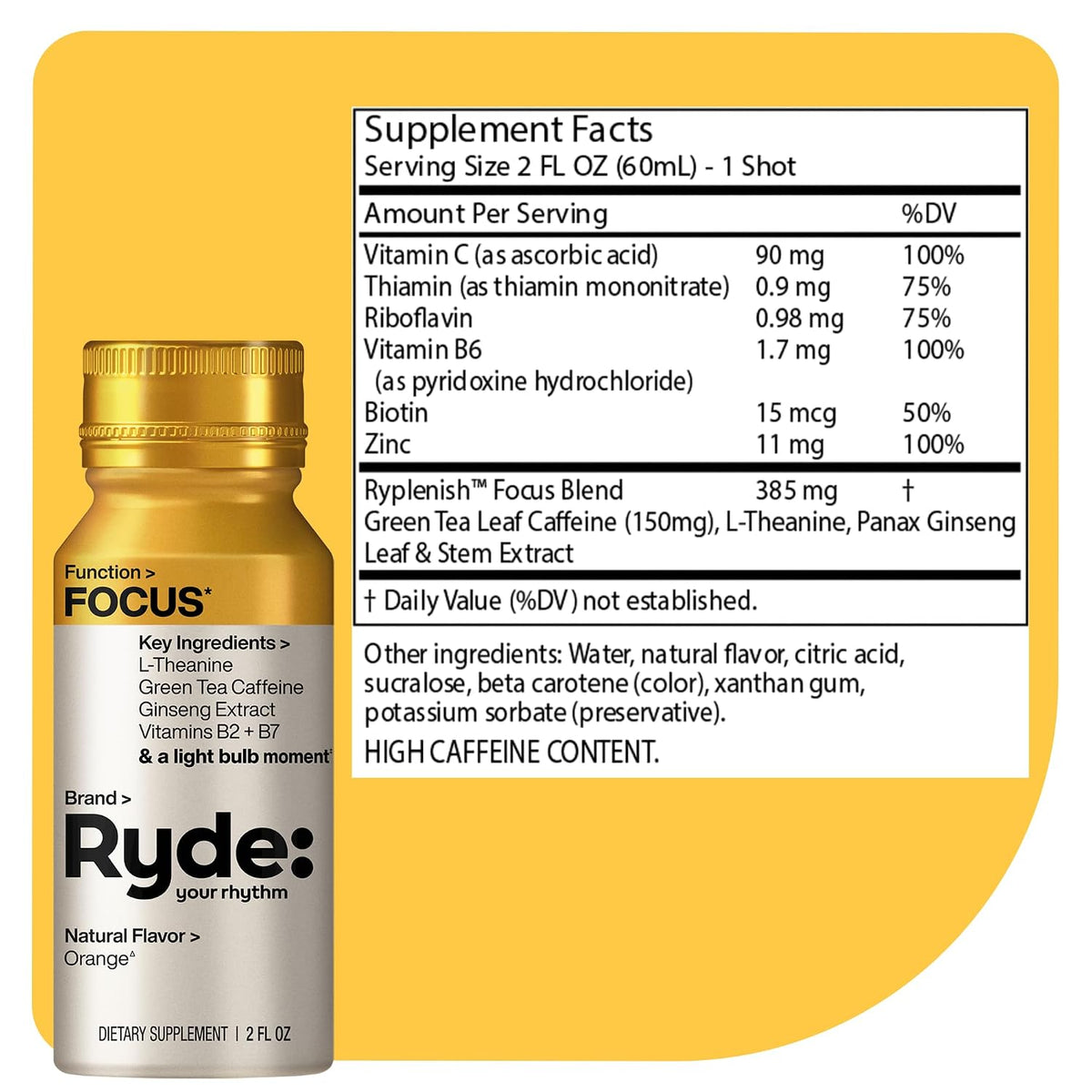 RYDE Shots Energize + Focus, Essential B Vitamins and Caffeine, Zero Calories, Zero Sugar, Pack of 16