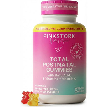 Pink Stork Total Postnatal Vitamin Gummies, 60 Count | Multivitamin for Postpartum Recovery, Lactation Support, Folic Acid, B6, Zinc, + Vitamin C, Postpartum Essentials