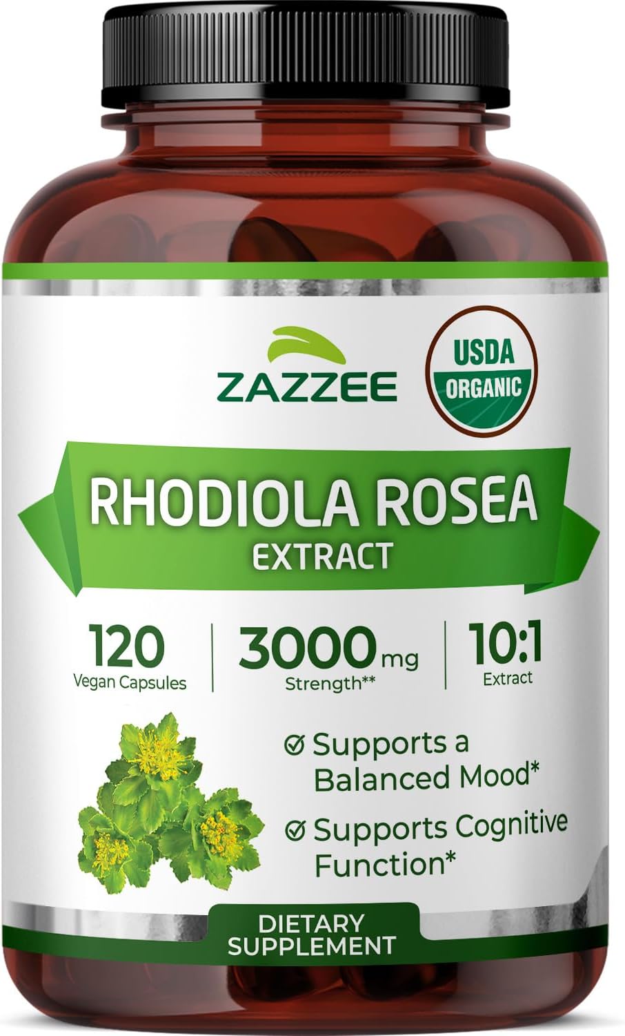 Zazzee USDA Organic Rhodiola 10:1 Extract, 120 Capsules, 4 Month Supply, Rhodiola Rosea, Energy, Stress & Mental Focus Support, Concentrated 10X Extract, All-Natural, Non-GMO, Made in the USA