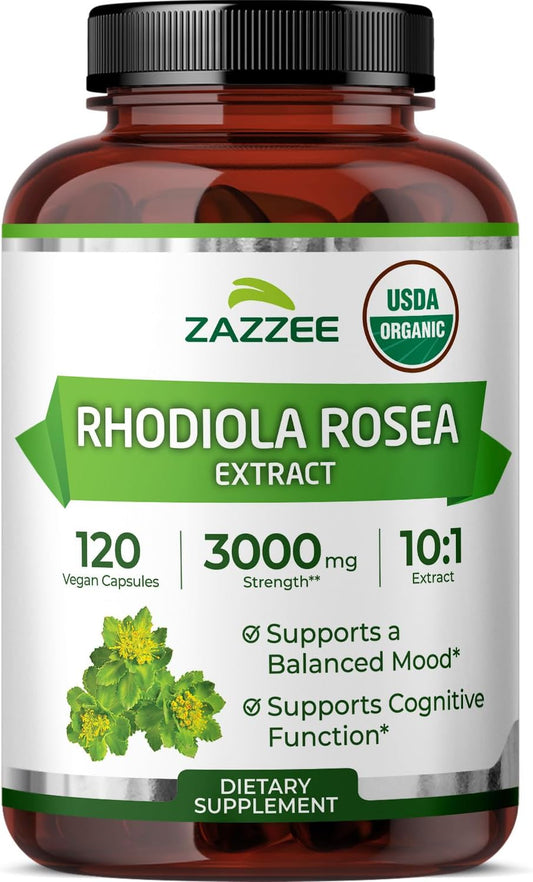 Zazzee USDA Organic Rhodiola 10:1 Extract, 120 Capsules, 4 Month Supply, Rhodiola Rosea, Energy, Stress & Mental Focus Support, Concentrated 10X Extract, All-Natural, Non-GMO, Made in the USA