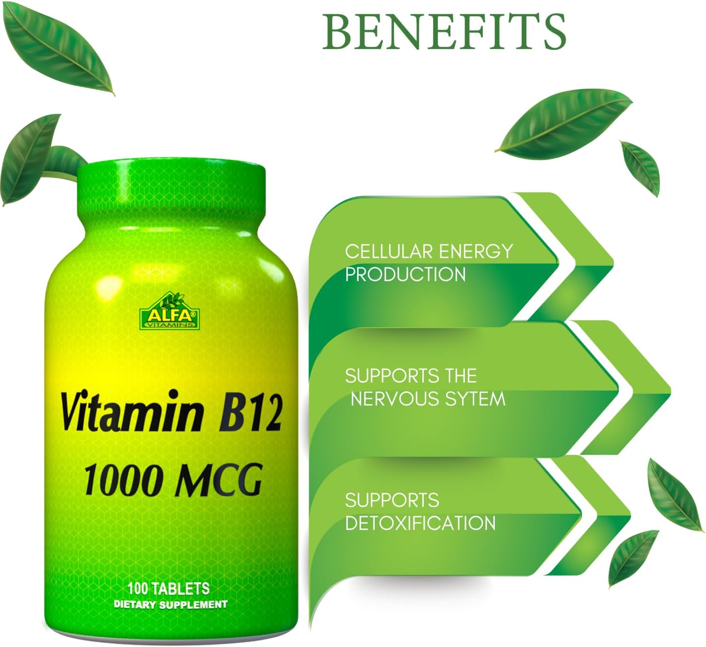 ALFA VITAMINS Vitamin B12 1000 Mcg 100 Tablets. Immune System. Nerves and Brain Health. Metabolism