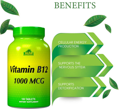 ALFA VITAMINS Vitamin B12 1000 Mcg 100 Tablets. Immune System. Nerves and Brain Health. Metabolism