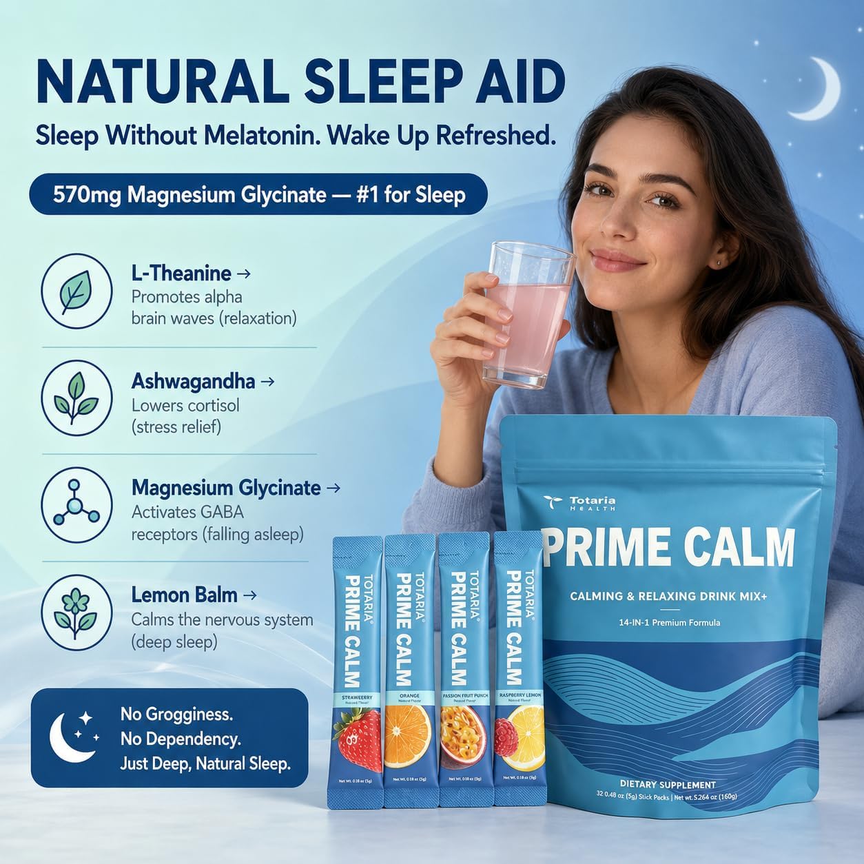 PrimeCalm Drink Mix | Cortisol Reducer* Stress Mood & Sleep Aid with Magnesium Glycinate, Ashwagandha, L-Theanine, 10B Probiotic, No Sugar, 32 Ct.