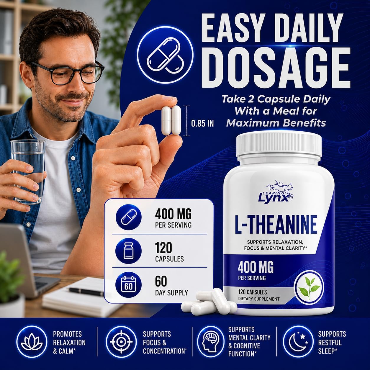 Leaping Lynx L-Theanine 400 mg per Serving (200 mg per Capsule), 120 Capsules | Supports Relaxation, Stress Relief, Calm Focus & Sleep | Non-GMO Supplement