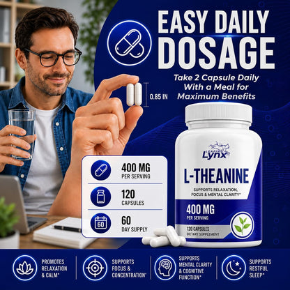 Leaping Lynx L-Theanine 400 mg per Serving (200 mg per Capsule), 120 Capsules | Supports Relaxation, Stress Relief, Calm Focus & Sleep | Non-GMO Supplement