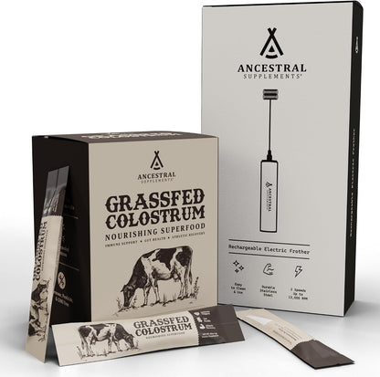 Ancestral Supplements Colostrum Sticks Bundle & Frother Wand – Grass Fed, Pasture Raised Organ Blend with Bioactive Colostrum, Rechargeable Electric Frother Wand (Double Whisk, Stainless Steel)