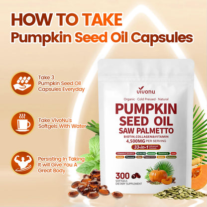 VivoNu Pumpkin Seed Oil with Saw Palmetto Capsules | 4500mg | 300 Count| 33 in 1 Vitamin C D3 B12 E A, Castor, Zinc, Biotin, Iron, Peppermint | Hair Growth & DHT Blocker for Women Men | 300 Count| 33 in 1 Vitamin C D3 B12 E A, Castor, Zinc, Biotin, Iron,