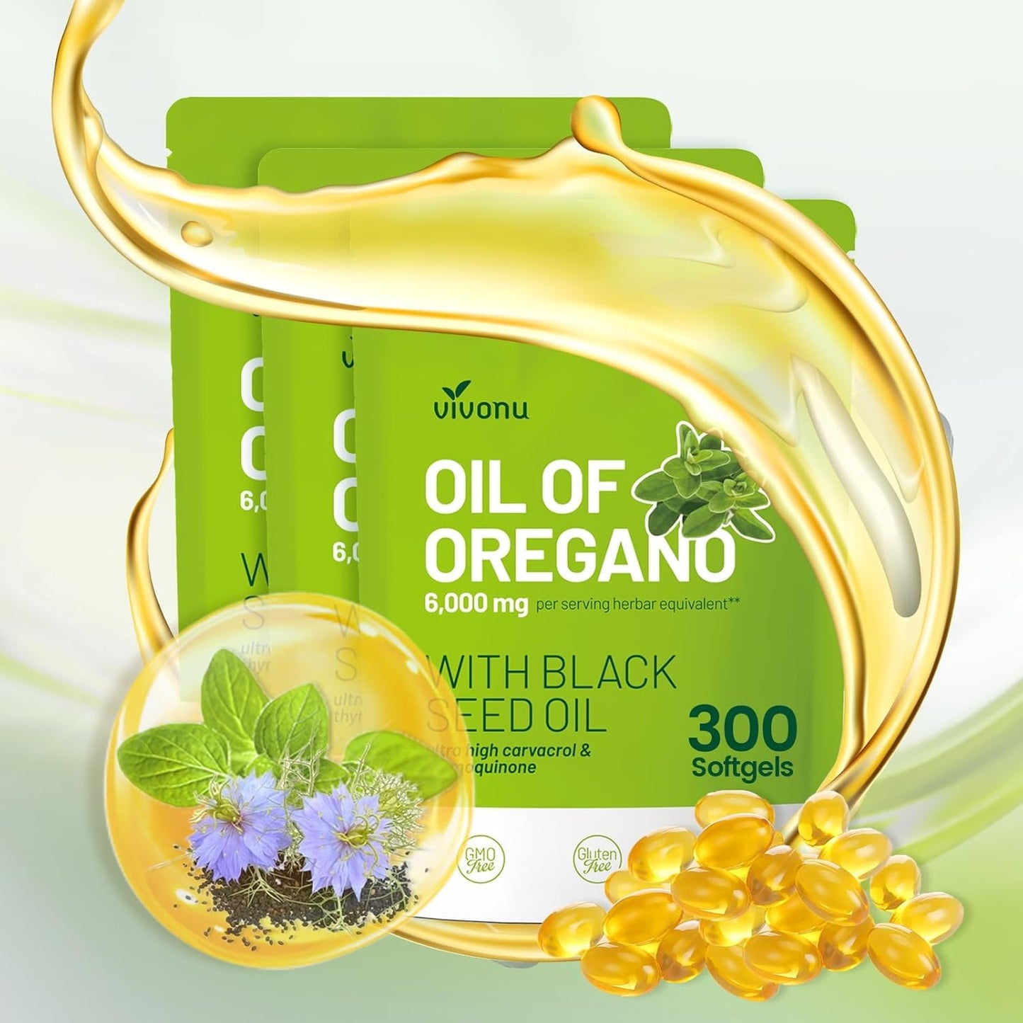 VivoNu Oil of Oregano Capsules, Balanced Oil of Oregano with Black Seed Oil, Organic OreganoOil Softgels,Carvacrol,Thymoquinone, Non-GMO (600pcs/2Bags)