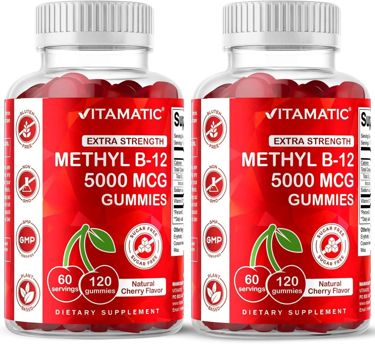Vitamatic Methyl B12 5000 mcg, 120 Gummies, Natural Cherry Flavor | Extra Strength, Energy Metabolism Support and Nervous System Health Support*, Non-GMO, Gluten Free