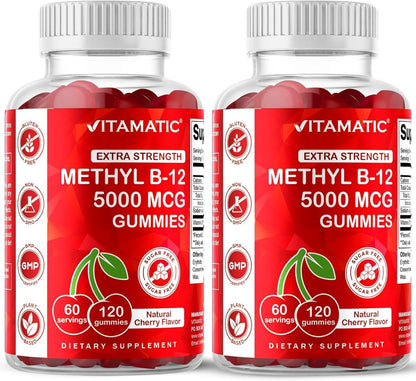 Vitamatic Methyl B12 5000 mcg, 120 Gummies, Natural Cherry Flavor | Extra Strength, Energy Metabolism Support and Nervous System Health Support*, Non-GMO, Gluten Free