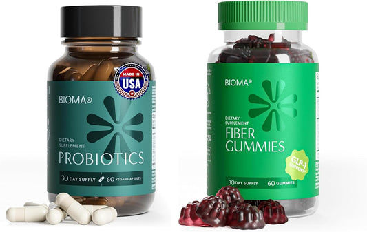 BIOMA Gut Health Bundle – Probiotics + GLP-1 Fiber Gummies for Women – Daily Digestive & Bloating Support with Prebiotic FOS Fiber, Bifidobacterium & Tributyrin – Vegan, Sugar Free, Gluten Free