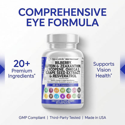 Clean Nutra Eye Vitamins with Bilberry Lutein and Zeaxanthin Supplements Lycopene 40mg Resveratrol Grape Seed Astaxanthin for Eyes - Eye Care Health Support Eye Vitamin and Mineral Supplement