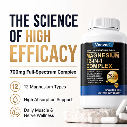 Magnesium Complex 700mg | 12-in-1 High Absorption Supplement | Glycinate, Citrate, Malate, Taurate & More | Sleep Support, Muscle Cramp Relief, Stress, Heart & Nerve Health | 120 Vegan Capsules