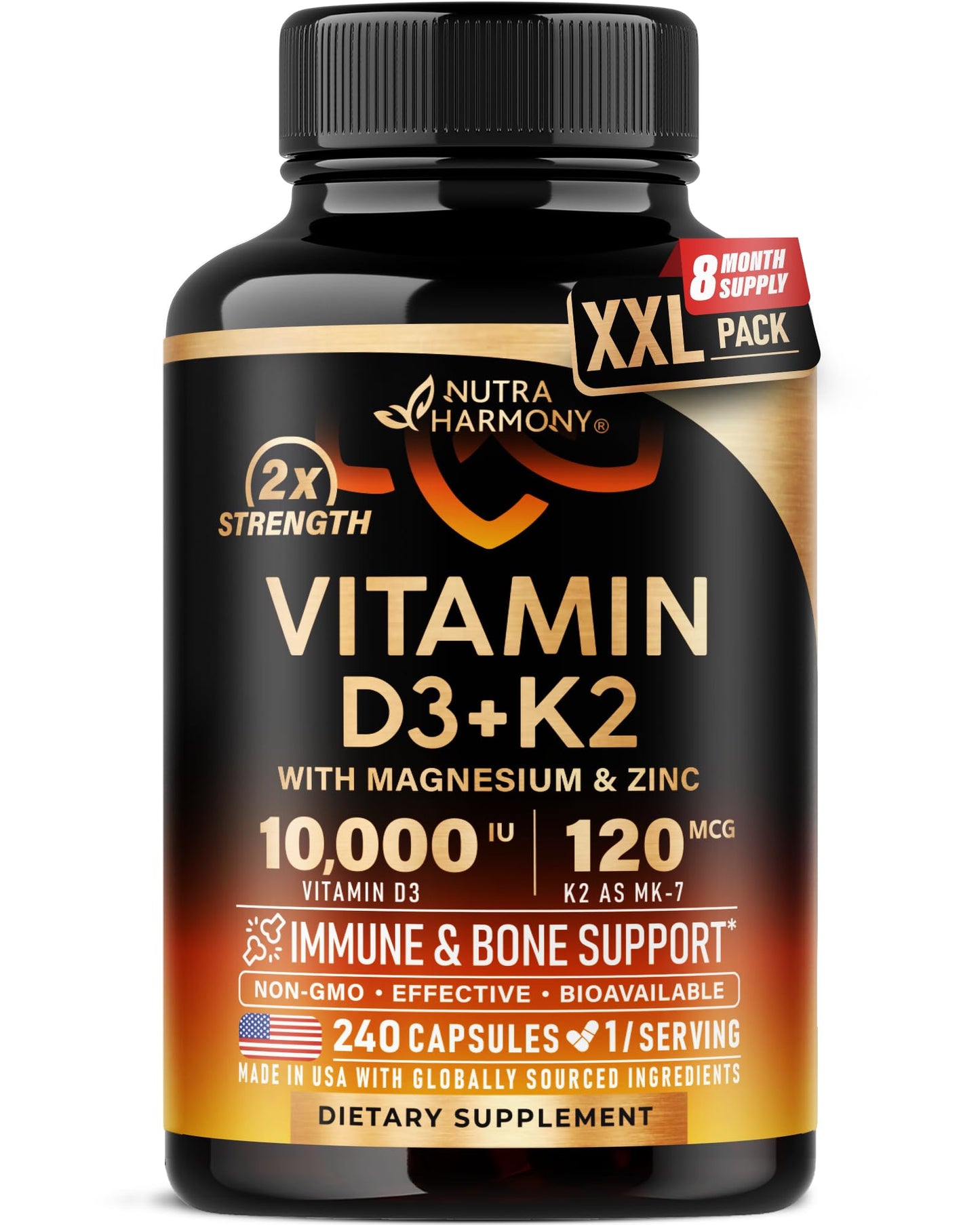 Vitamin D3 K2 - Vitamin D3 10000 iu & K2 as MK-7 120 mcg - Immune & Mood Support, for Bone & Teeth Health - with Magnesium, Zinc & Vitamin C & B12 - Highly Bioavailable - Gluten Free, 120 Capsules