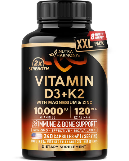 Vitamin D3 K2 - Vitamin D3 10000 iu & K2 as MK-7 120 mcg - Immune & Mood Support, for Bone & Teeth Health - with Magnesium, Zinc & Vitamin C & B12 - Highly Bioavailable - Gluten Free, 120 Capsules