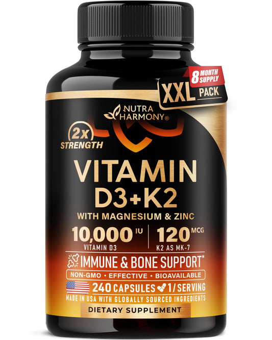 Vitamin D3 K2 - Vitamin D3 10000 iu & K2 as MK-7 120 mcg - Immune & Mood Support, for Bone & Teeth Health - with Magnesium, Zinc & Vitamin C & B12 - Highly Bioavailable - Gluten Free, 120 Capsules